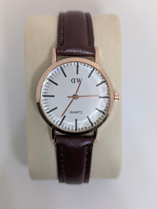 Classic Watch with White Dial & Brown Leather Strap