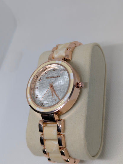 Michael Kors Ladies, Rose Gold Watch with Crystal Markers & Ivory Ceramic Links