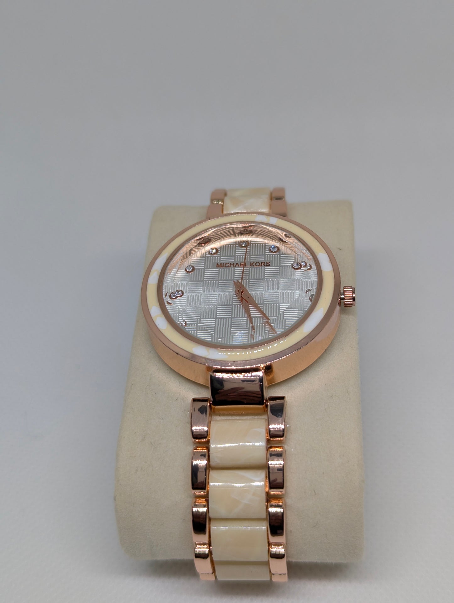 Michael Kors Ladies, Rose Gold Watch with Crystal Markers & Ivory Ceramic Links