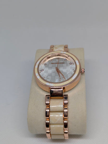 Michael Kors Ladies, Rose Gold Watch with Crystal Markers & Ivory Ceramic Links
