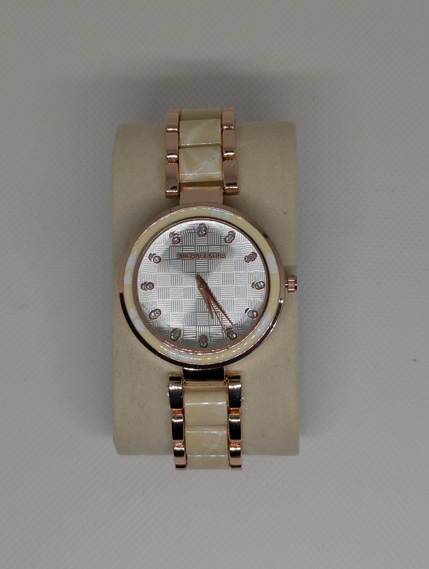 Michael Kors Ladies, Rose Gold Watch with Crystal Markers & Ivory Ceramic Links