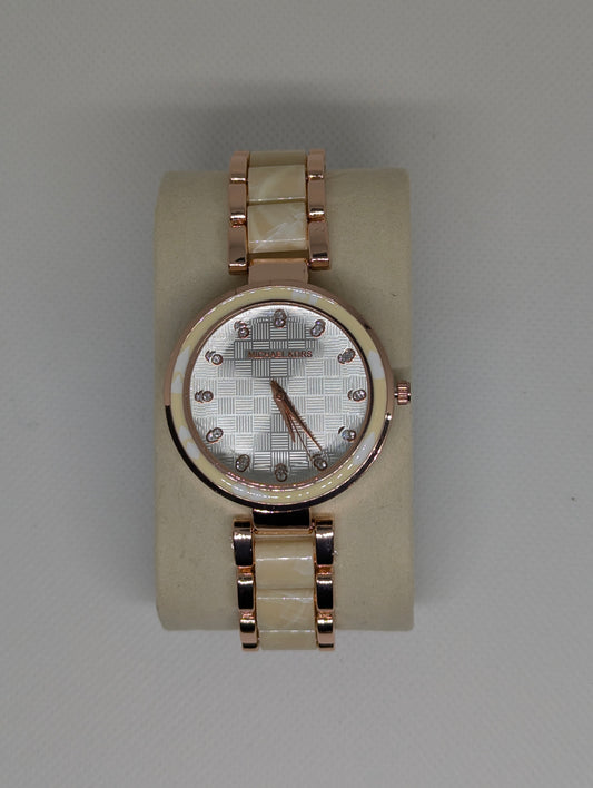Michael Kors Ladies, Rose Gold Watch with Crystal Markers & Ivory Ceramic Links