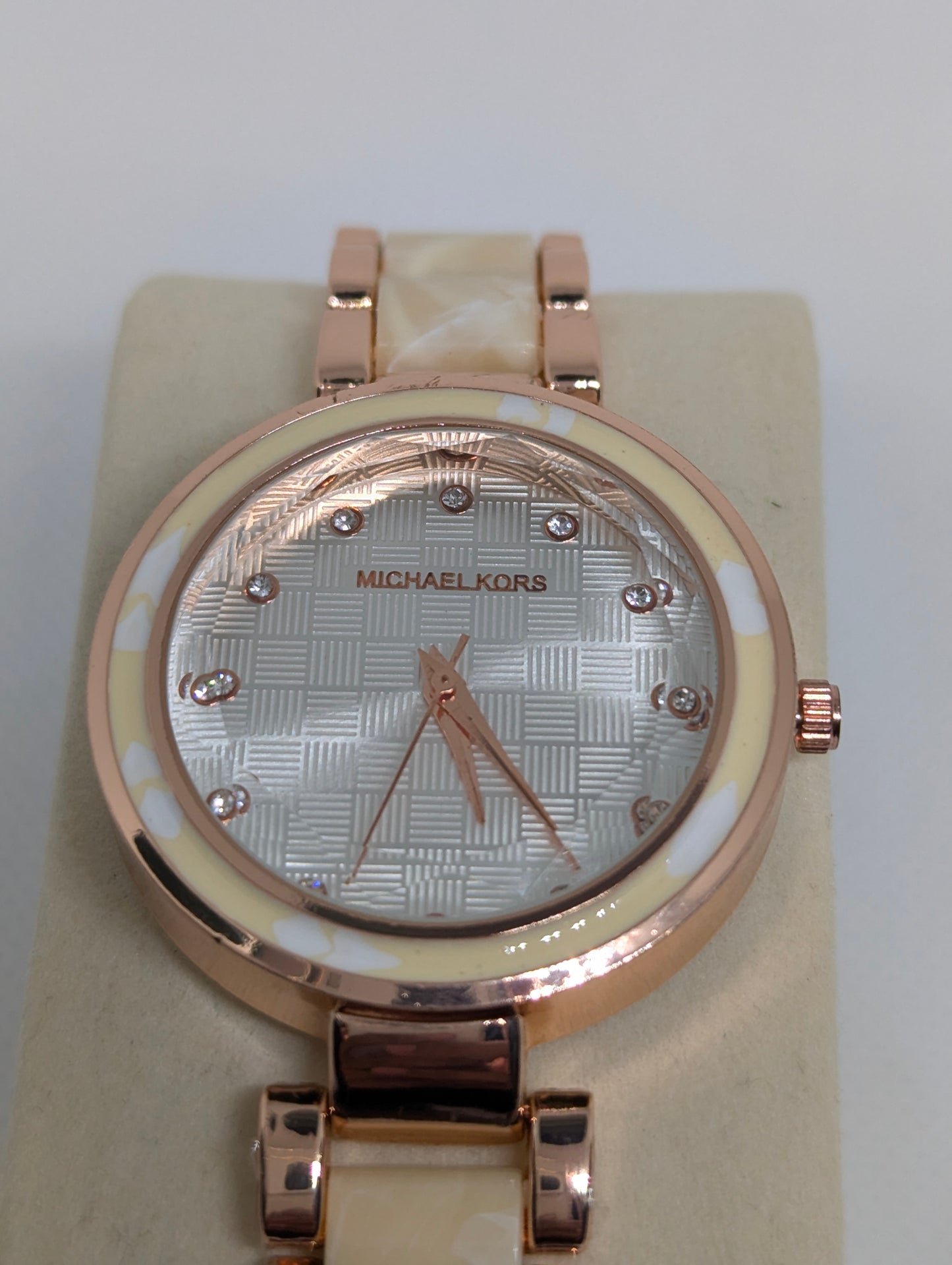 Michael Kors Ladies, Rose Gold Watch with Crystal Markers & Ivory Ceramic Links