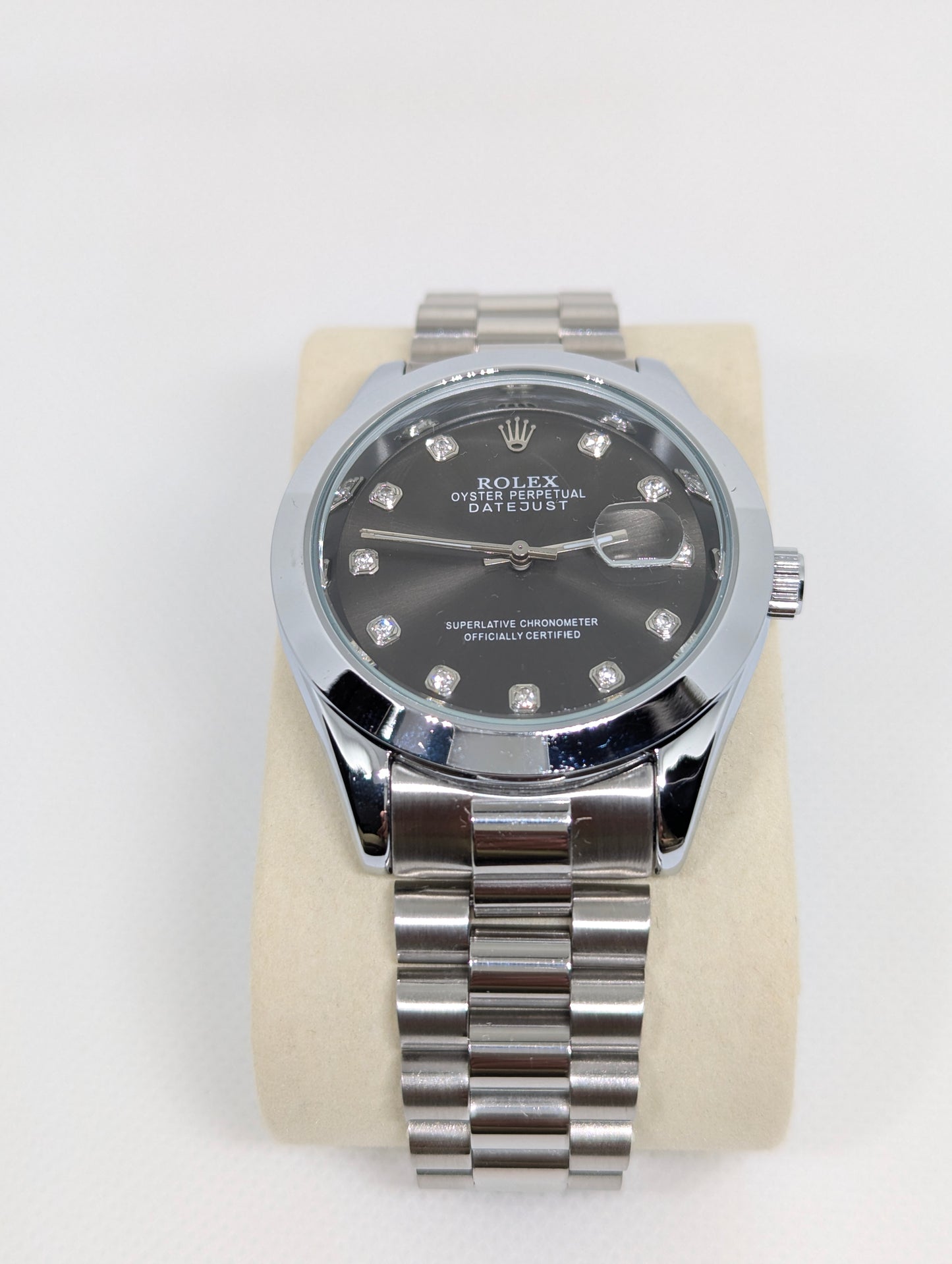 Steel Watch, Charcoal Sunburst Dial, Stone Markers & Date