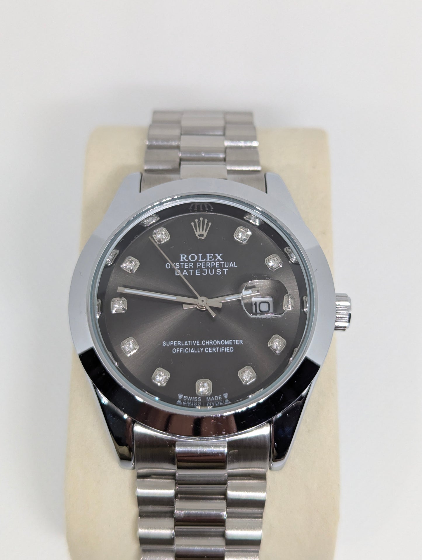 Steel Watch, Charcoal Sunburst Dial, Stone Markers & Date