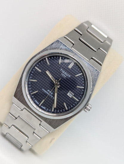 Men’s Silver Stainless Steel Watch with Black Textured Dial