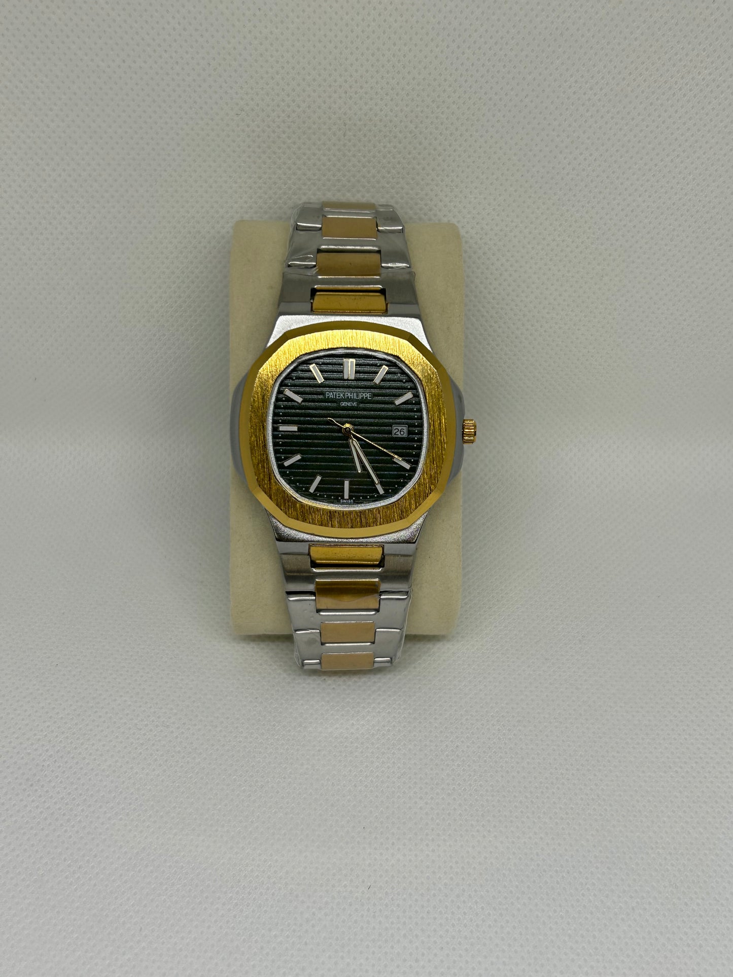 Men’s Two Tone Steel Watch with Green Textured Dial