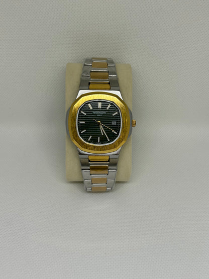 Men’s Two Tone Steel Watch with Green Textured Dial