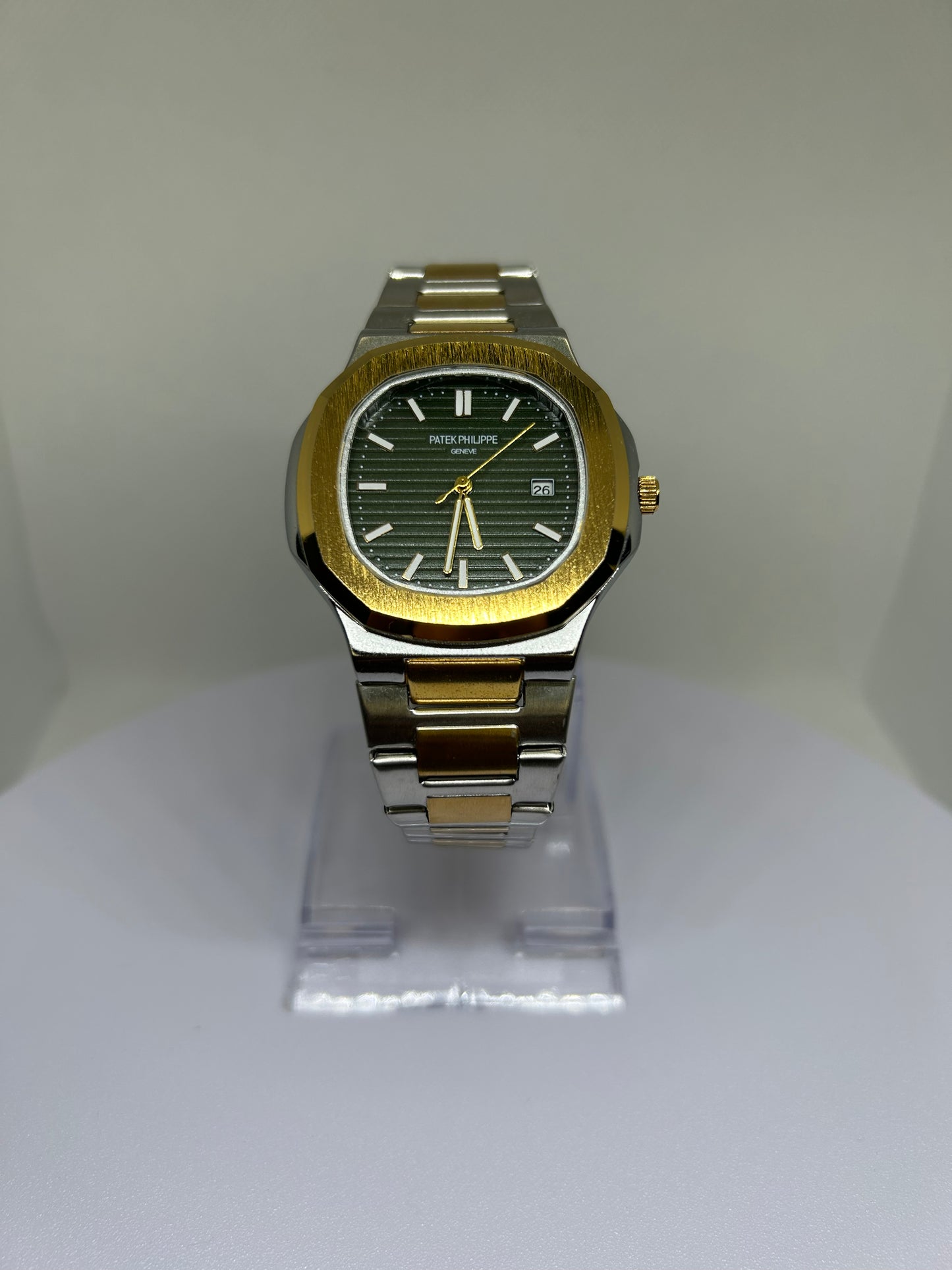 Men’s Two Tone Steel Watch with Green Textured Dial