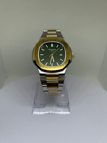 Men’s Two Tone Steel Watch with Green Textured Dial
