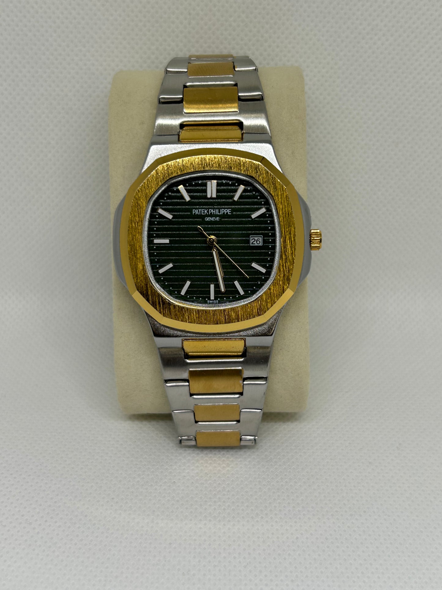 Men’s Two Tone Steel Watch with Green Textured Dial