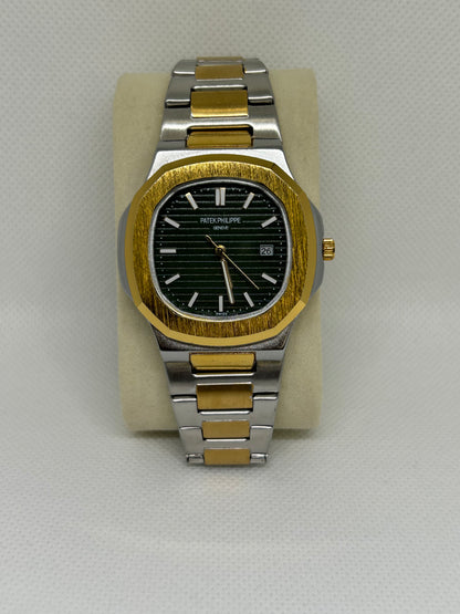 Men’s Two Tone Steel Watch with Green Textured Dial