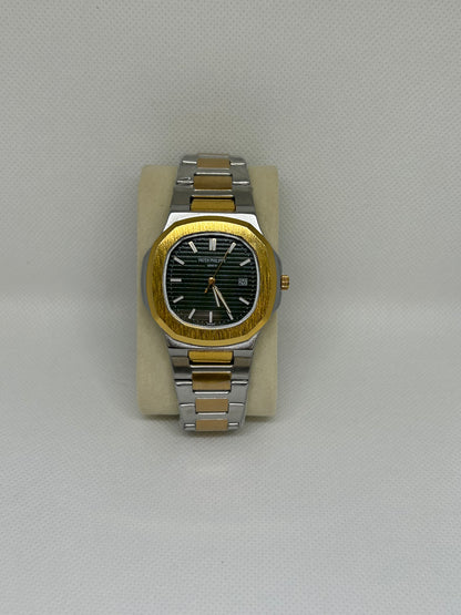 Men’s Two Tone Steel Watch with Green Textured Dial