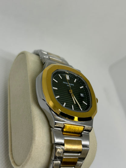 Men’s Two Tone Steel Watch with Green Textured Dial