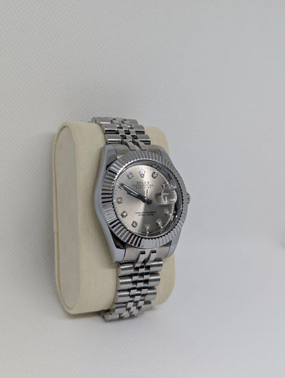 Men’s Silver Stainless Steel Watch with Diamond Markers