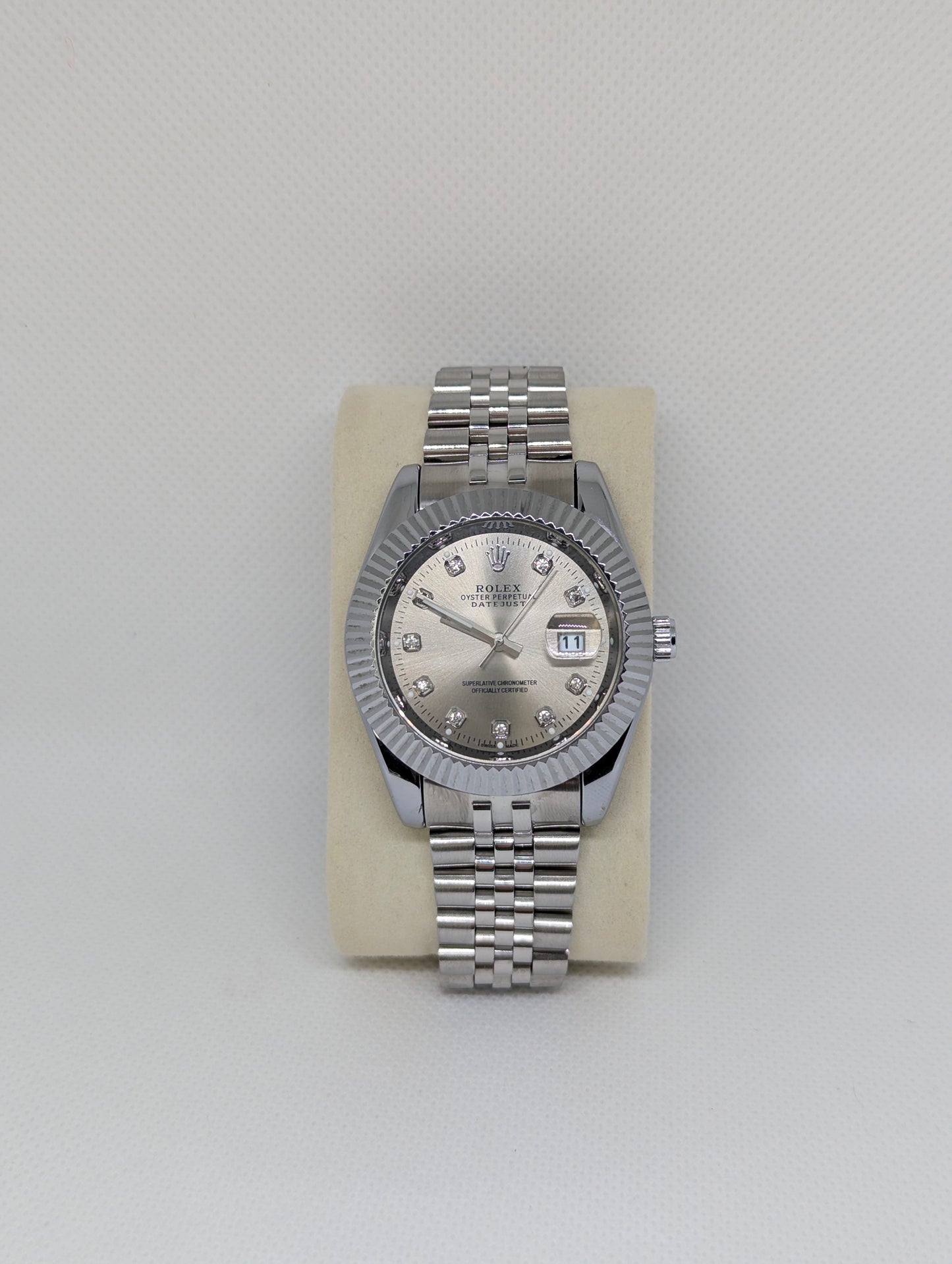 Men’s Silver Stainless Steel Watch with Diamond Markers