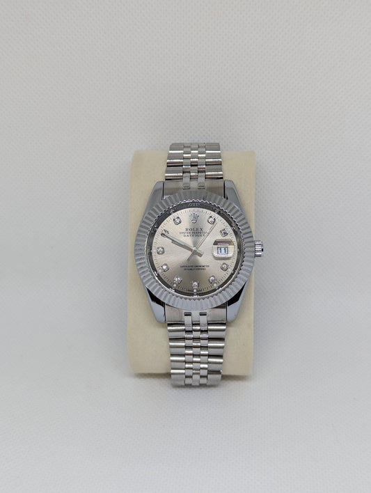 Men’s Silver Stainless Steel Watch with Diamond Markers