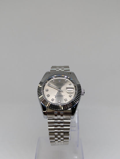 Men’s Silver Stainless Steel Watch with Diamond Markers