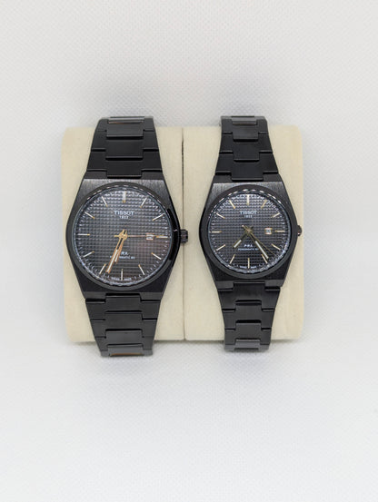Couple’s Full Black Stainless Steel Watches with Textured Dials