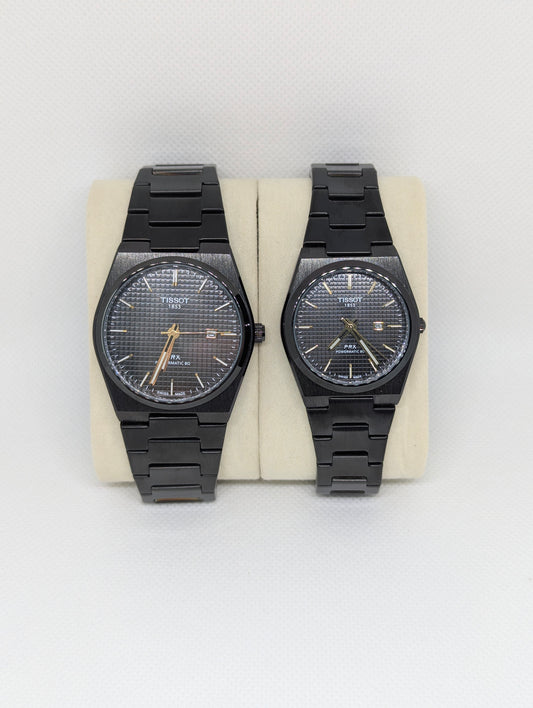 Couple’s Full Black Stainless Steel Watches with Textured Dials