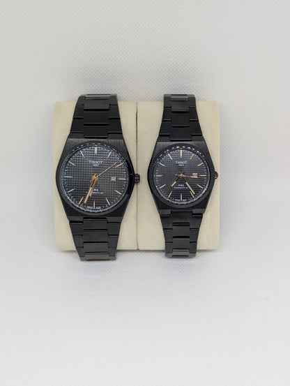 Couple’s Full Black Stainless Steel Watches with Textured Dials