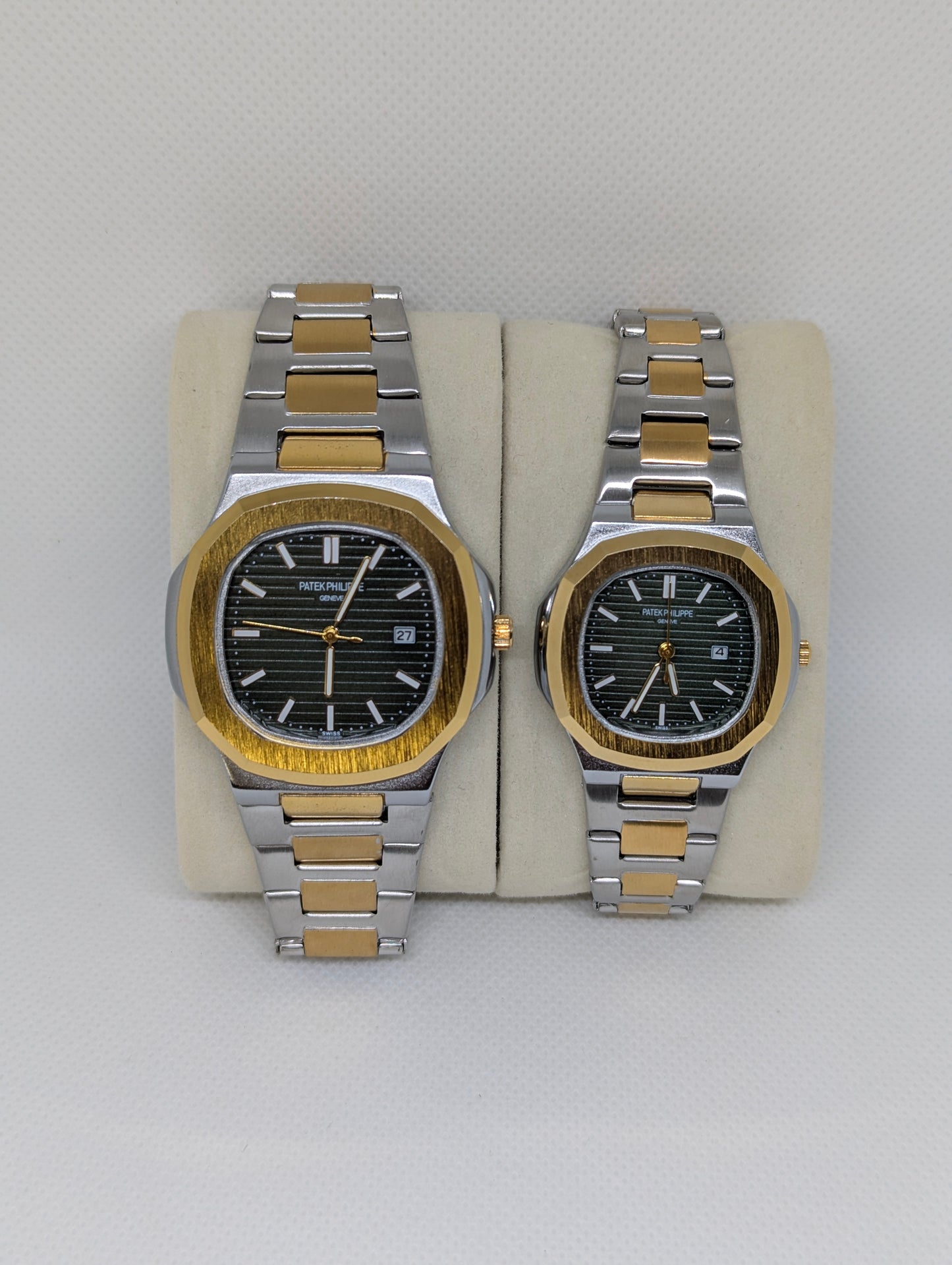 Couple’s Two Tone Stainless Steel Watches with Green Textured Dials