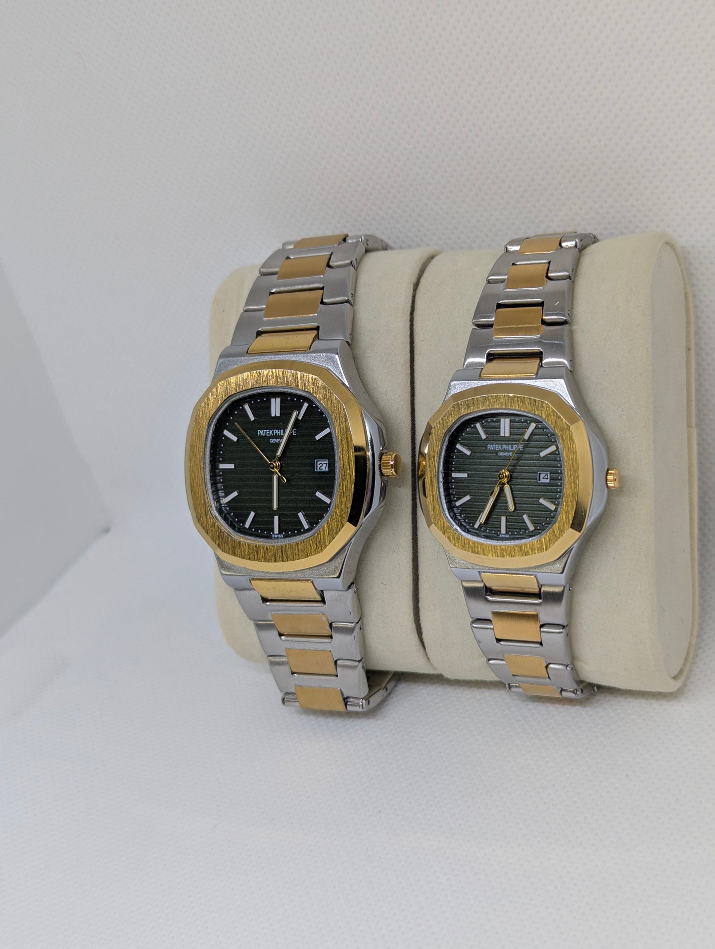 Couple’s Two Tone Stainless Steel Watches with Green Textured Dials