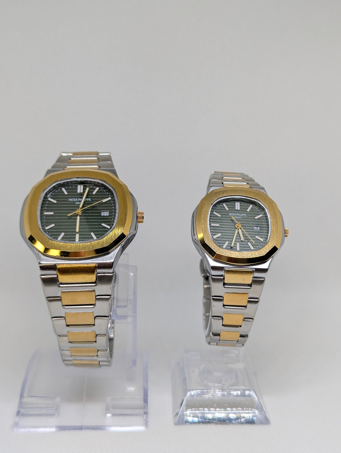 Couple’s Two Tone Stainless Steel Watches with Green Textured Dials