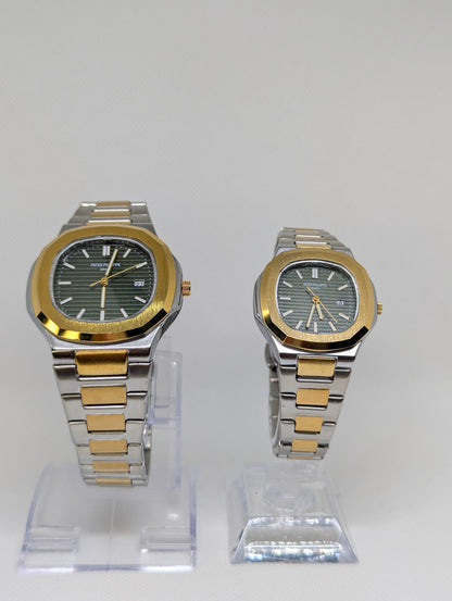 Couple’s Two Tone Stainless Steel Watches with Green Textured Dials