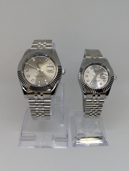 Couple’s Silver Stainless Steel Watches with Diamond Markers