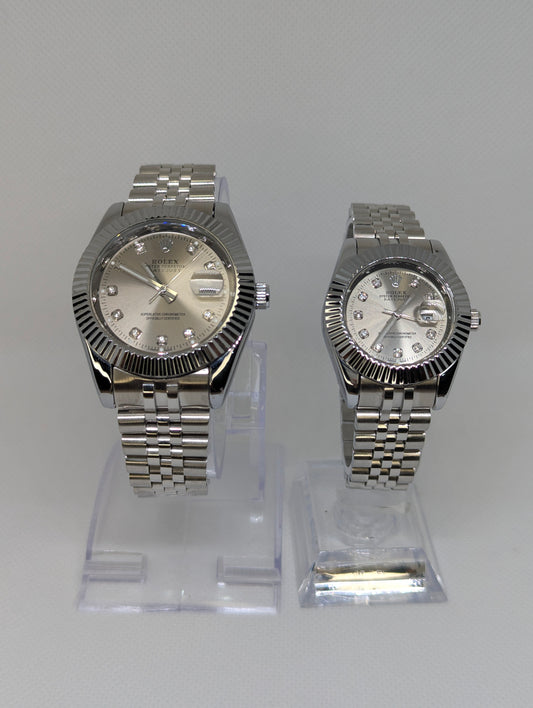 Couple’s Silver Stainless Steel Watches with Diamond Markers