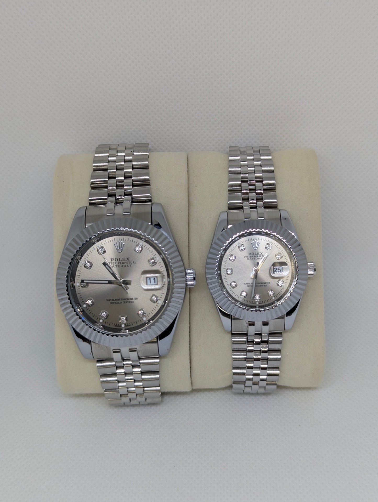 Couple’s Silver Stainless Steel Watches with Diamond Markers