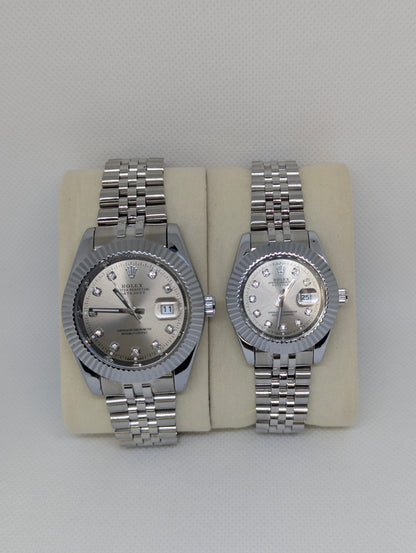 Couple’s Silver Stainless Steel Watches with Diamond Markers
