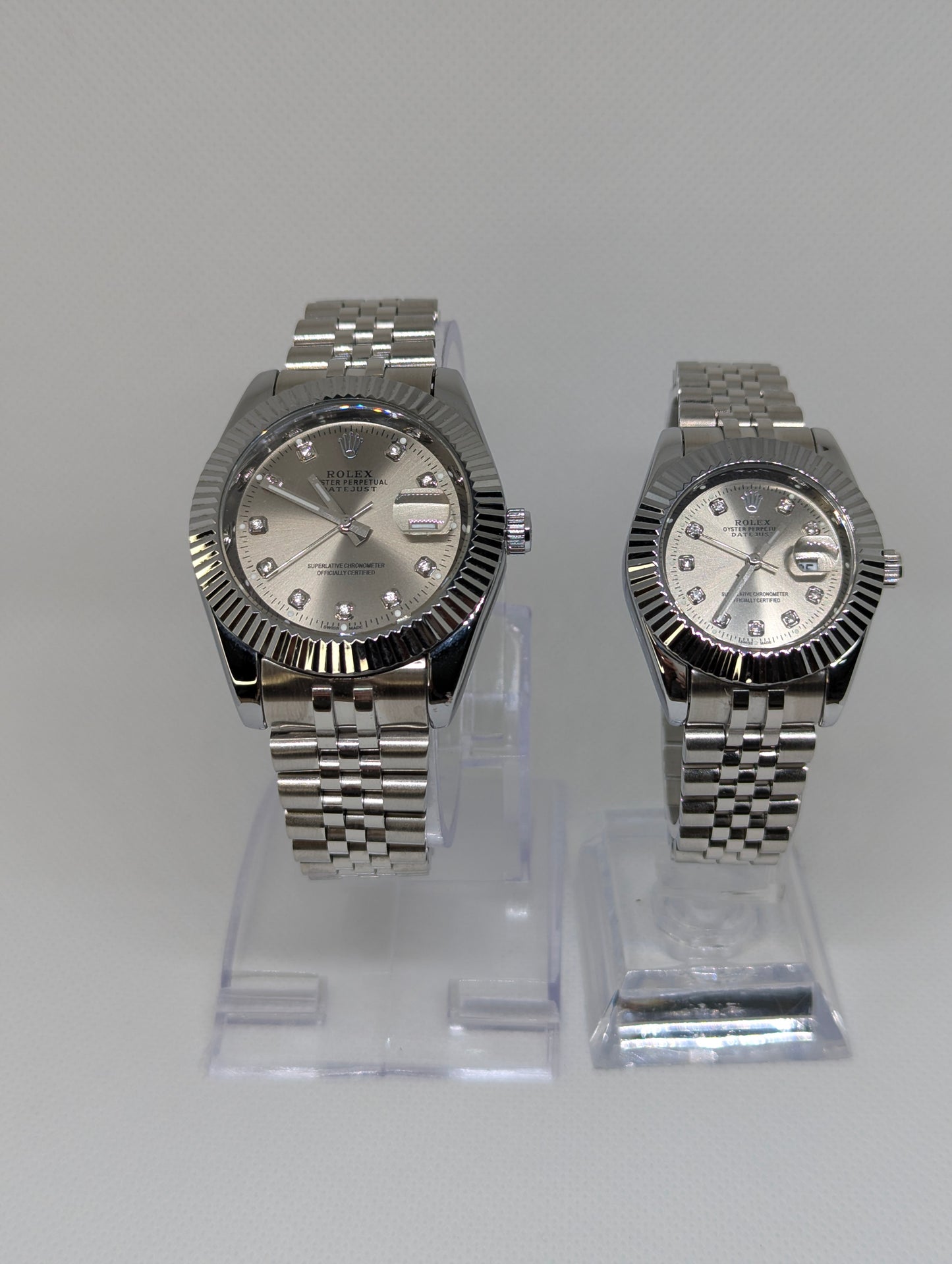 Couple’s Silver Stainless Steel Watches with Diamond Markers
